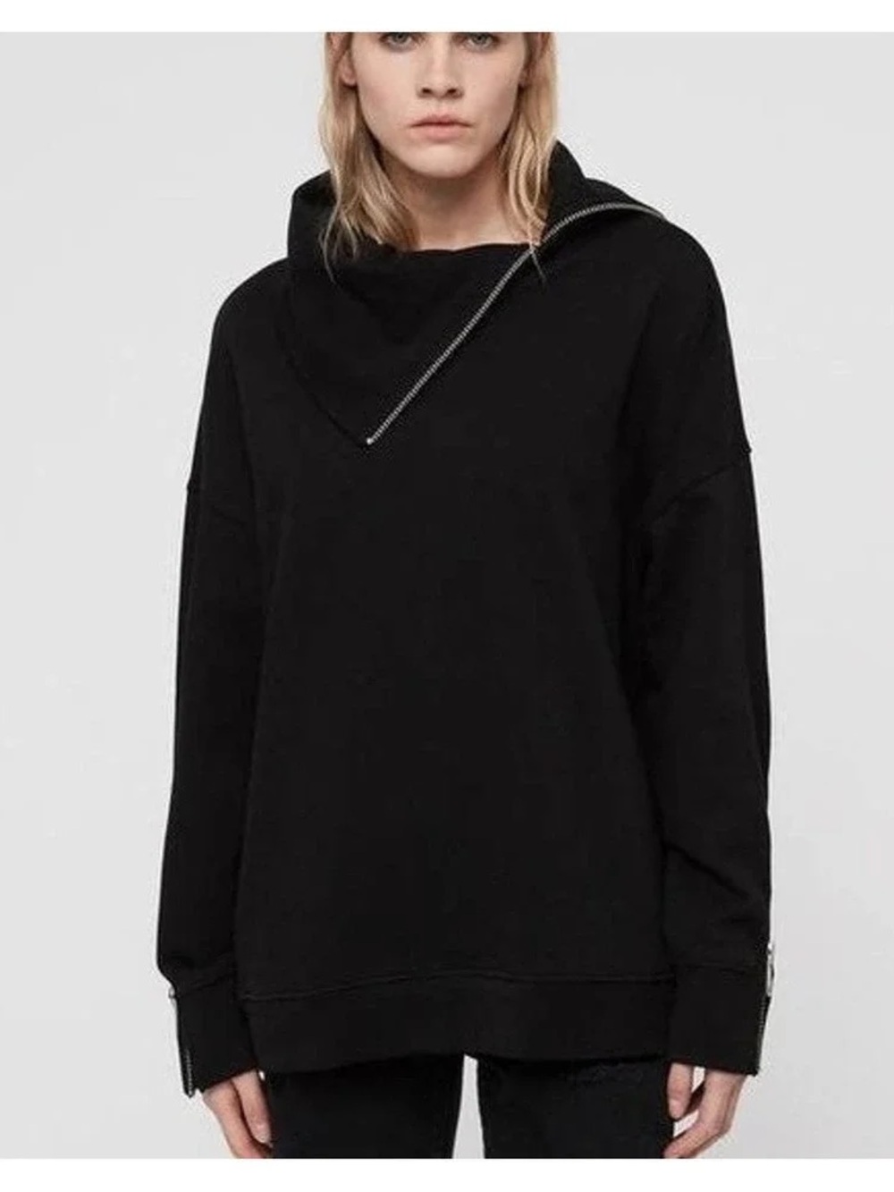ALLSAINTS Bella Black Silver Side Zip Terry Cotton Pullover Sweater Sweatshirt S